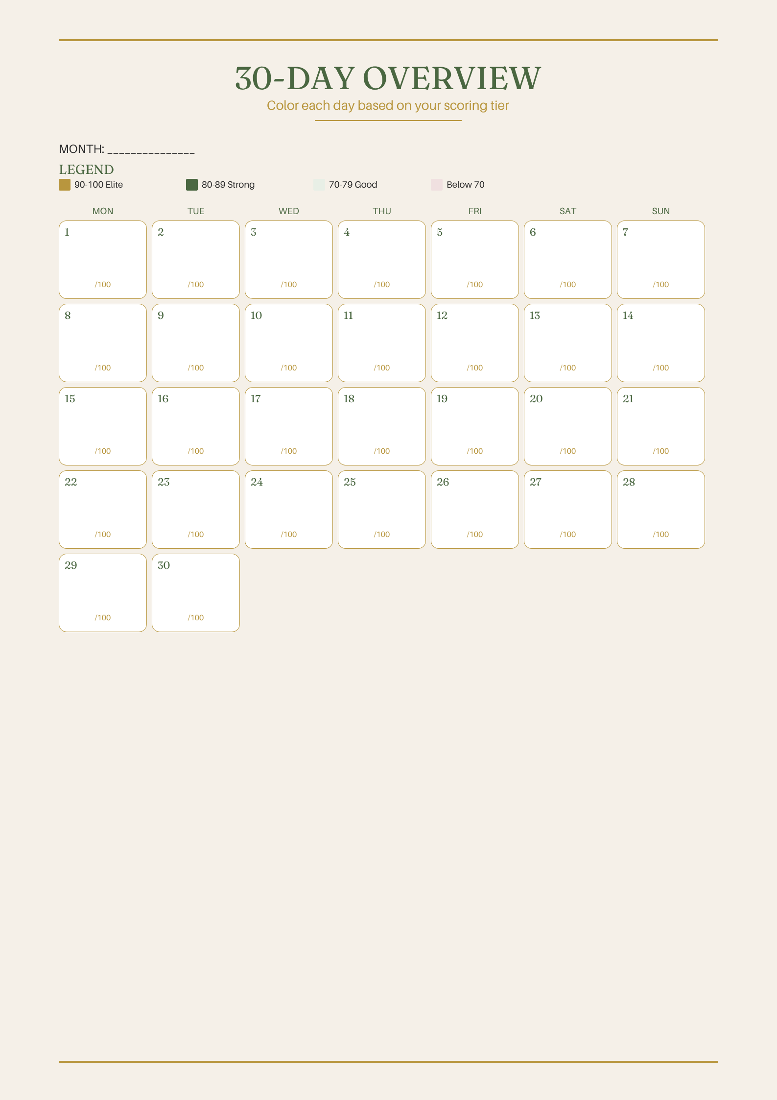 Daily Longevity Scoreboard — Fillable Habit Tracker